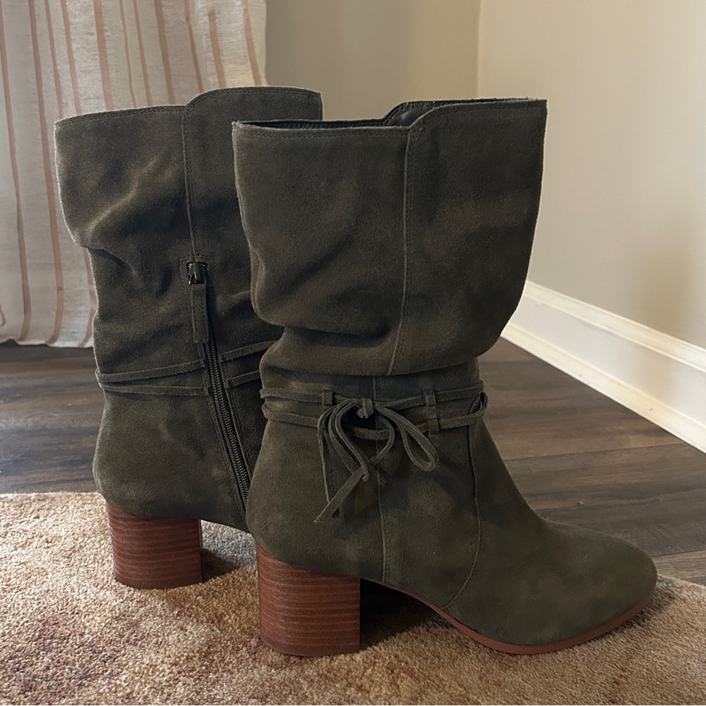 Violet & Red Janine Boho Mid Calf Suede Leather Boot, Olive / Sage Green, Sz 10 - Picture 6 of 10